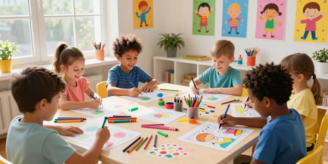 Kids enjoying fun coloring activities with pages for kids in a bright art studio.