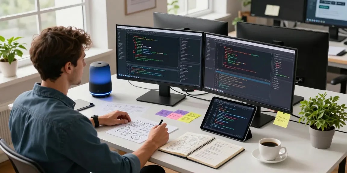 How does AI work depicted in a modern software development workspace with an engineer coding on multiple screens and brainstorming notes.
