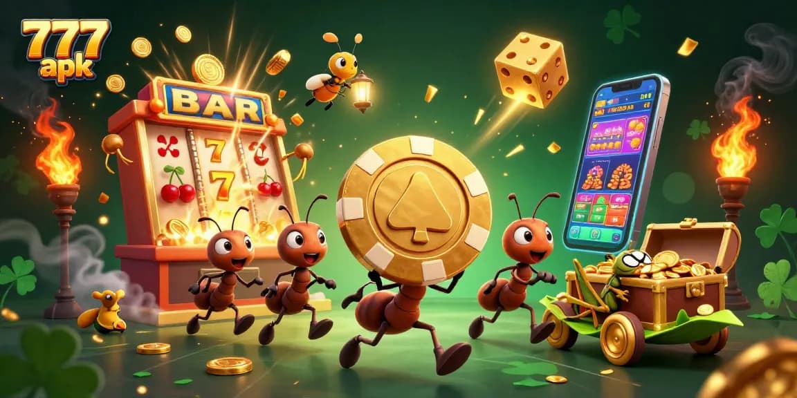Experience thrilling gameplay with 777 apk, featuring vibrant cartoon ants, slot machines, and jackpot excitement.