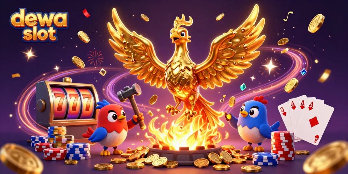 Experience immersive dewa slot action with golden phoenix and spinning reels in a vibrant casino scene.