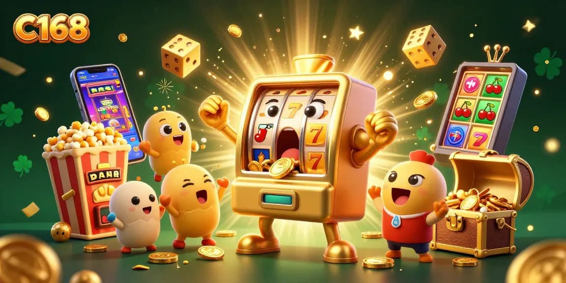 Experience the excitement of C168 with a vibrant slot machine scene celebrating jackpots and gaming fun.