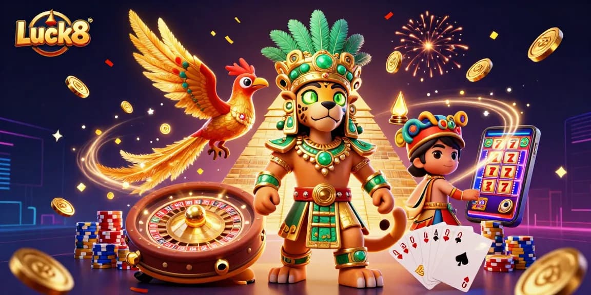 Experience the thrill of winning at Luck8 with vibrant casino elements and rich graphics.