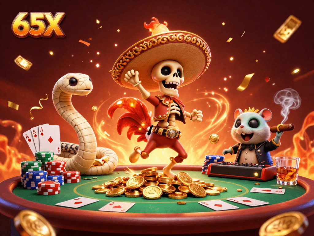 Sinta a emoção do jogo com 65X em uma ilustração vibrante de cassino repleta de personagens animados dançando.