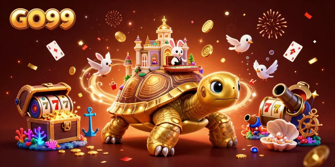 Experience the thrill of GO99 with a vibrant 3D casino scene featuring a turtle, dealer, and treasure!