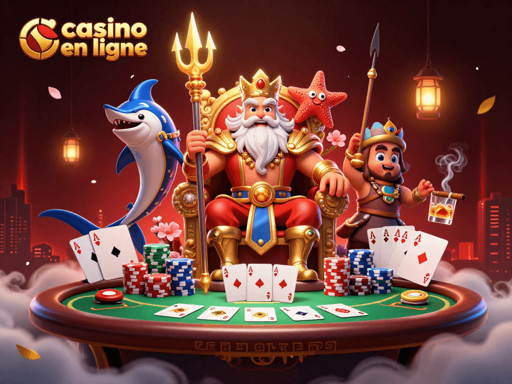Jouez au casino en ligne avec des cartes de poker flamboyantes et des personnages charismatiques.
