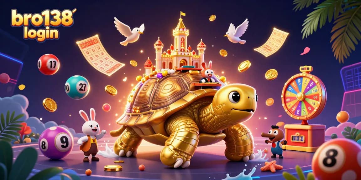 Experience the thrill at bro138 login with a vibrant scene of a golden tortoise casino and engaging gameplay elements.