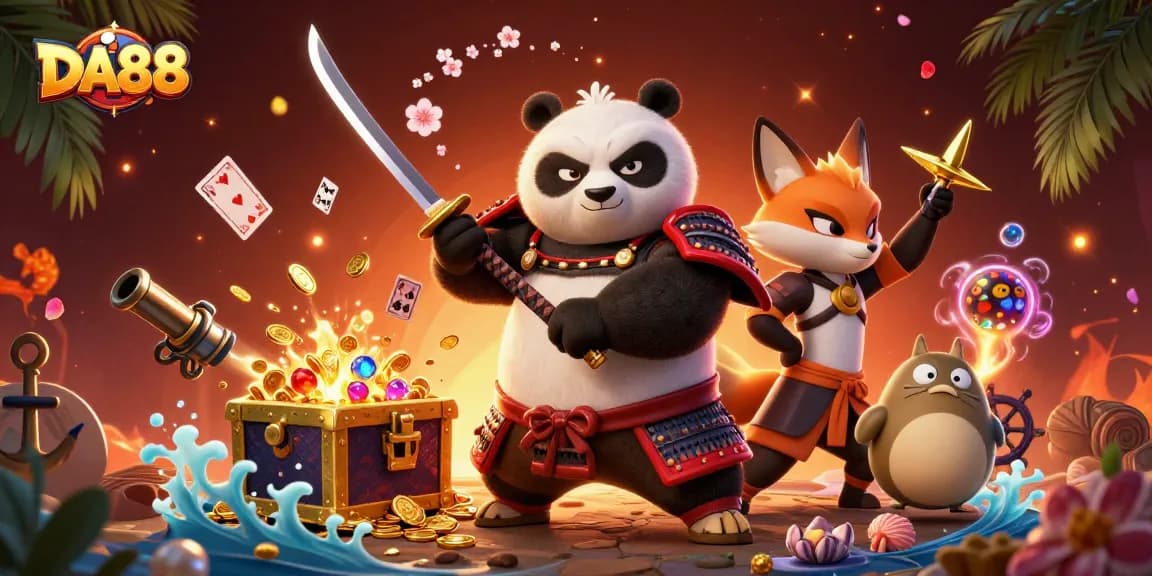 Engage in exciting gaming at DA88 with vibrant illustrations of samurai and ninja characters.
