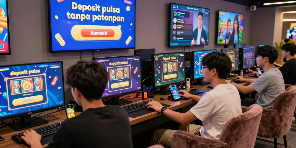 Exciting online gaming atmosphere showcasing deposit pulsa tanpa potongan options, vibrant players and digital slot narratives.