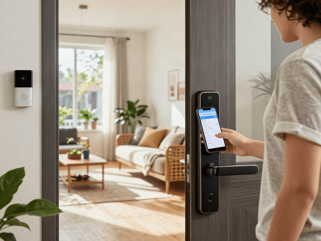 خرید قفل هوشمند features a stylish smart lock being monitored through a smartphone app in a modern urban home entrance.