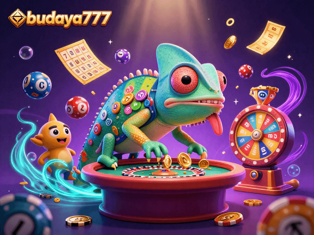 Budaya777 menunjukkan keajaiban kasino dengan chameleon yang menangkap koin emas dan bola lotere berwarna-warni.