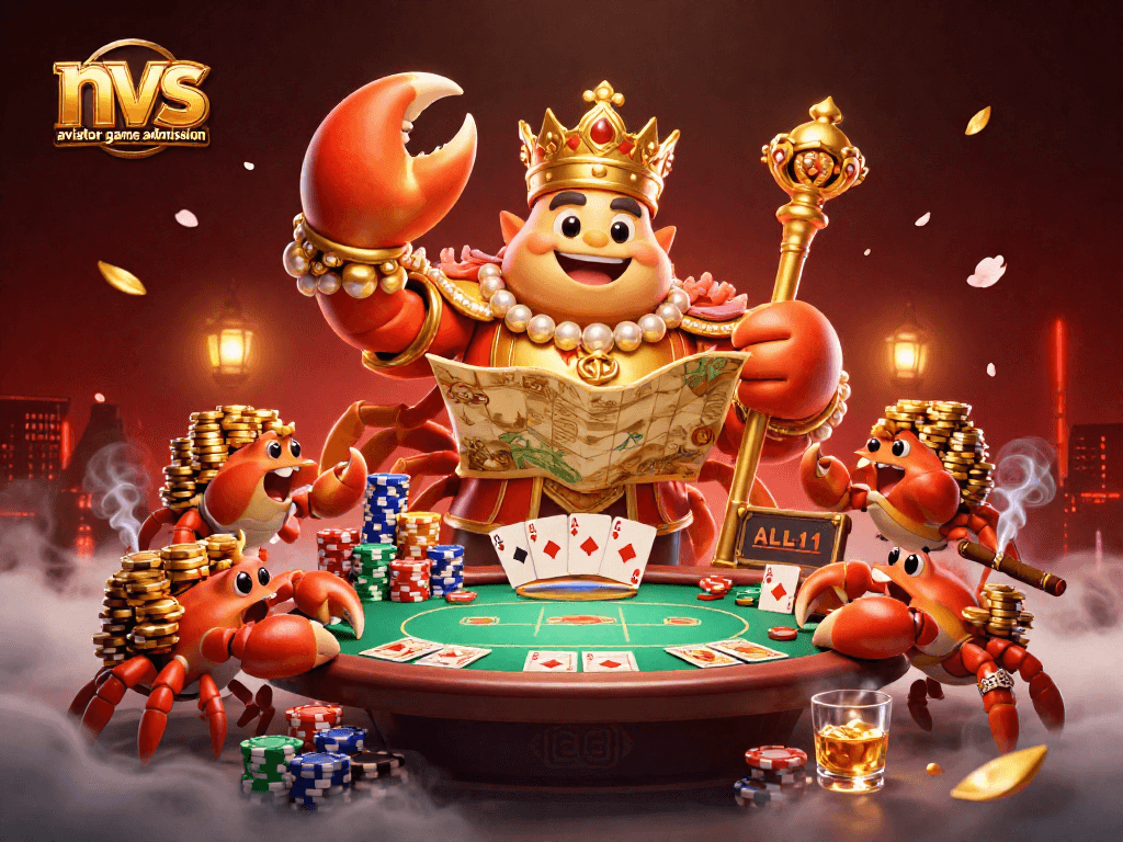 Engage in the nvs aviator game admission with a vibrant 3D illustration of a golden crab emperor and poker-themed elements.
