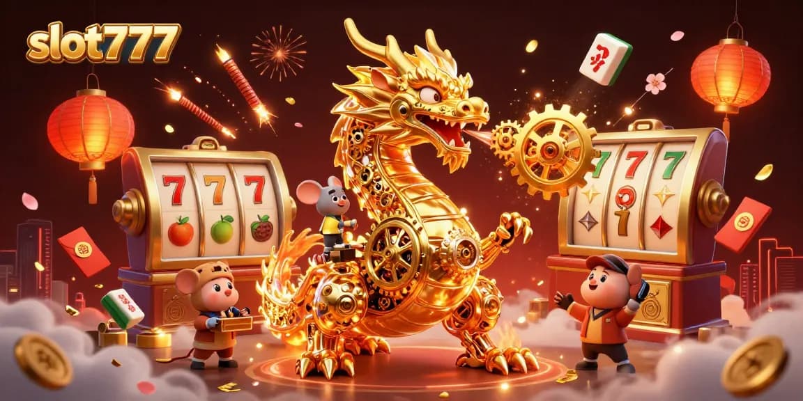 Engage with slot777's immersive casino world featuring animated golden dragon and vibrant game elements.