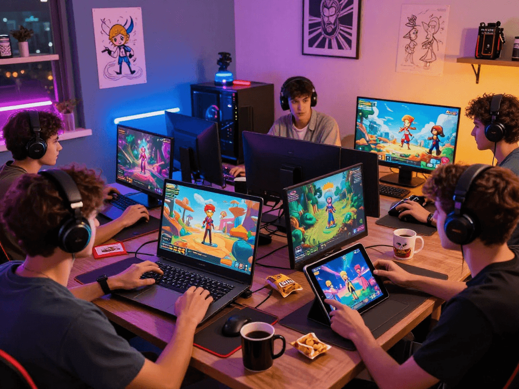 Engaging scene of diverse players enjoying porngames in a vibrant gaming environment