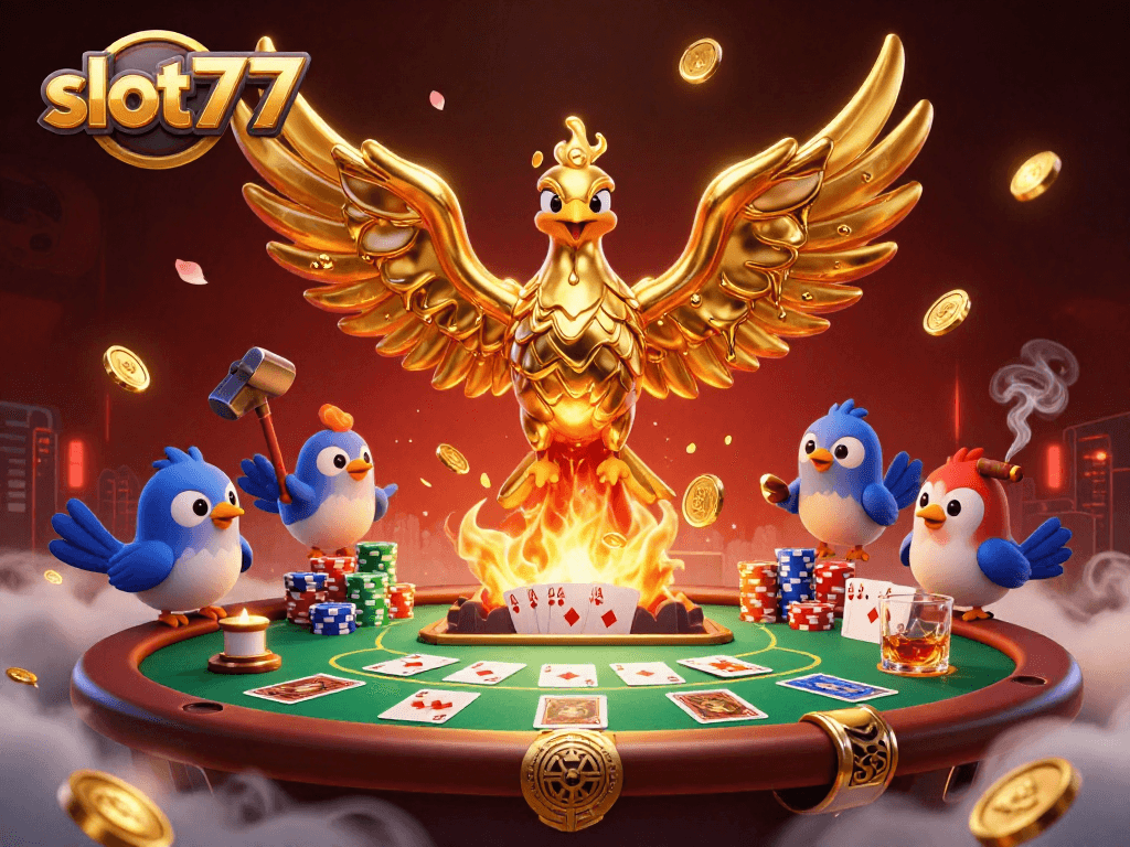 Experience winning at slot777 with a vibrant casino scene featuring a golden phoenix and poker elements.