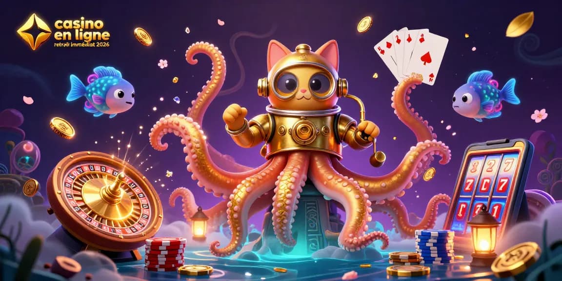Illustration captivante de casino en ligne retrait immédiat 2026 avec kraken, chat plongeur et poissons luminescents.