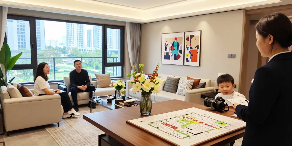 Dover Residences Showflat with modern living space and potential buyers discussing features and benefits.