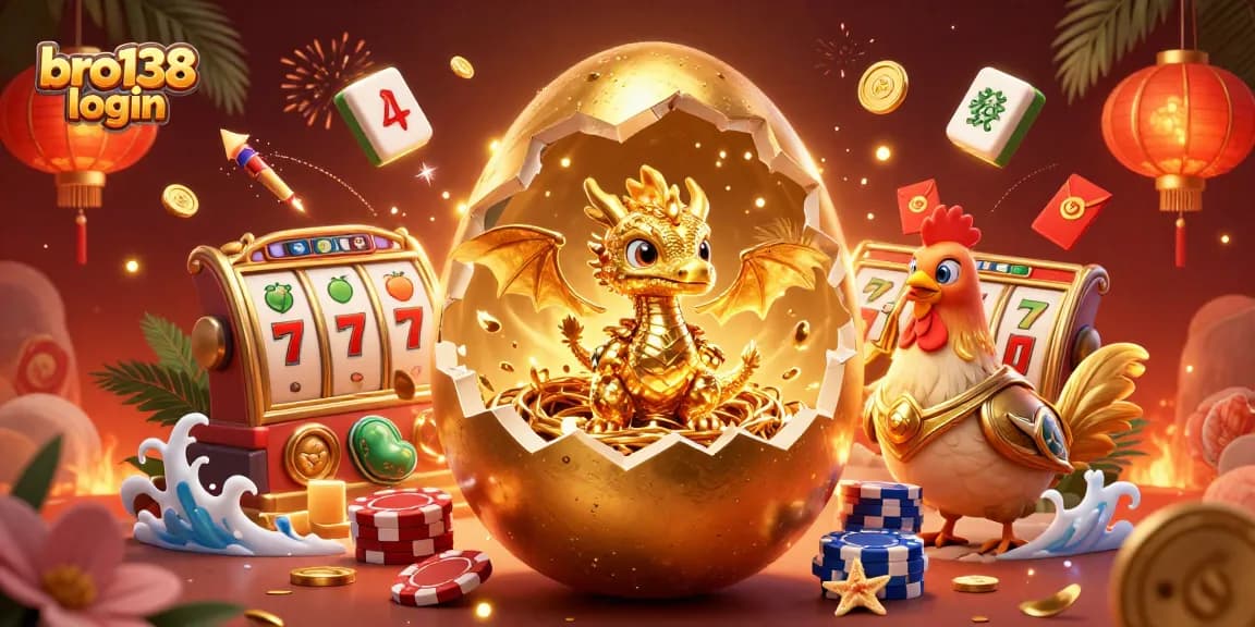 Engage with bro138 login to unlock exciting online casino experiences featuring a golden egg and lucky symbols.