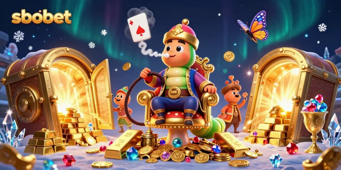 Bet on sbobet with this vibrant illustration of a caterpillar hookah-master amidst treasures and gambling symbols.