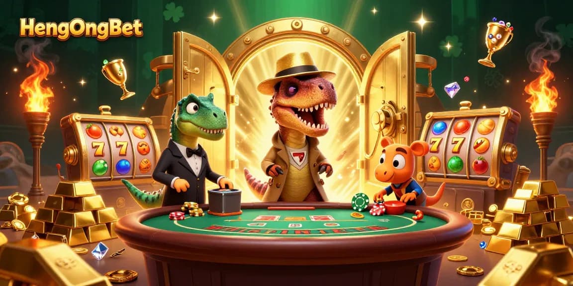 Engage with HengOngBet at a lively blackjack table featuring a velociraptor and dinosaur characters.