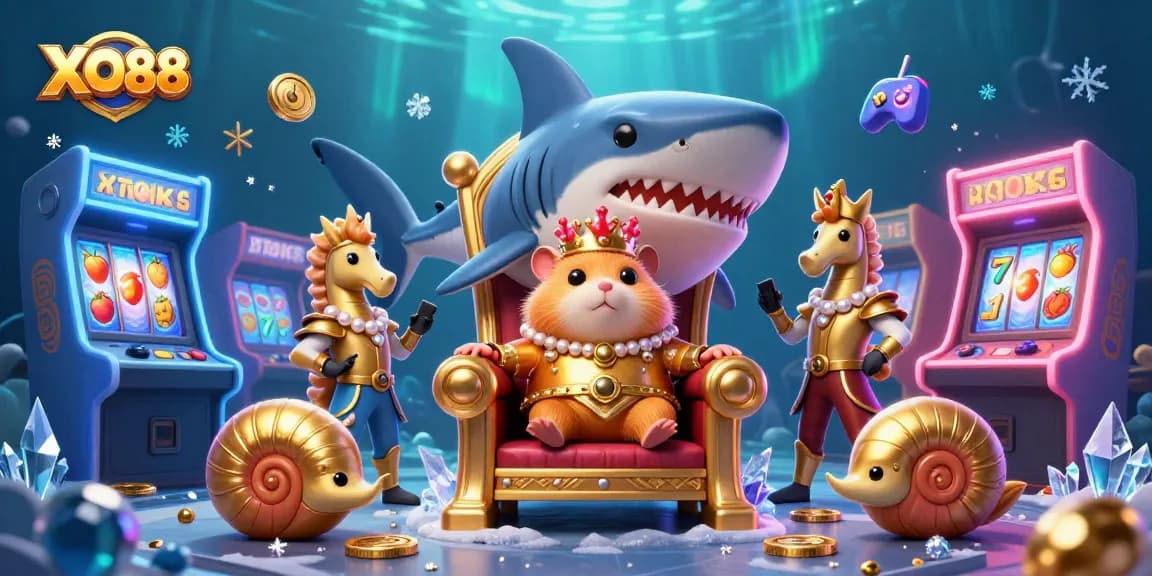 Engage in thrilling casino gameplay with the vibrant XO88 gaming scene featuring a hamster king and seahorse guards.