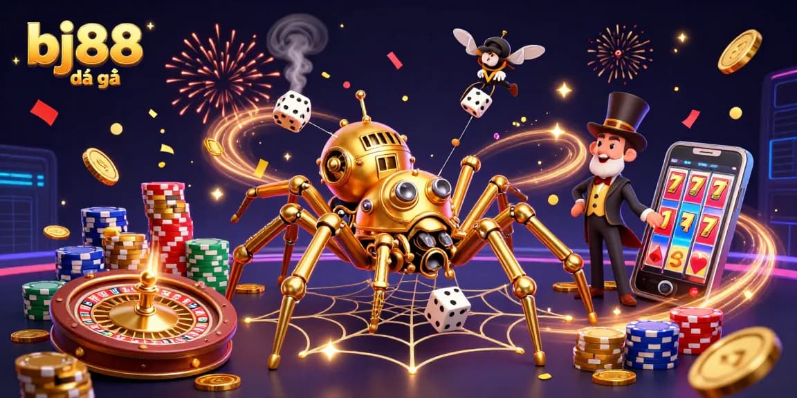 Join the excitement of bj88 đá gà with an enchanting illustration featuring a steampunk spider and golden elements.