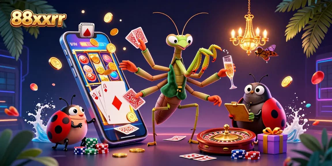 Engage in thrilling gameplay at 88xxrr with casino elements like cards, coins, and vibrant visuals.