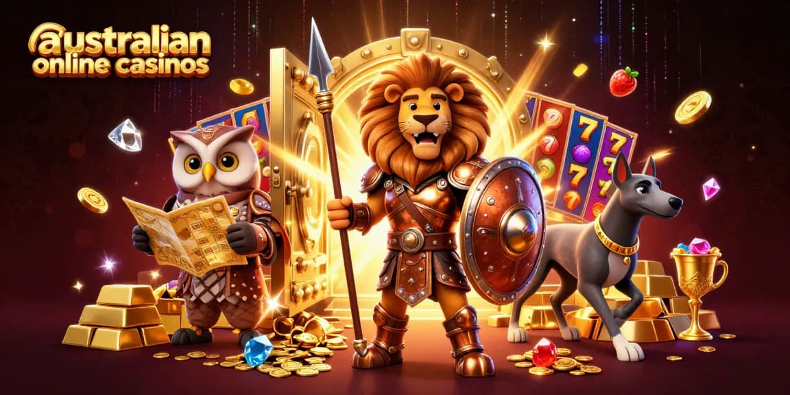 Engaging scene depicting australian online casinos with dynamic characters, slot elements, and treasure vaults.