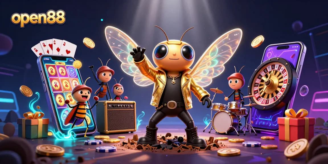 Spin vivid slot games at open88 with buzzing cicada musicians and vibrant casino elements