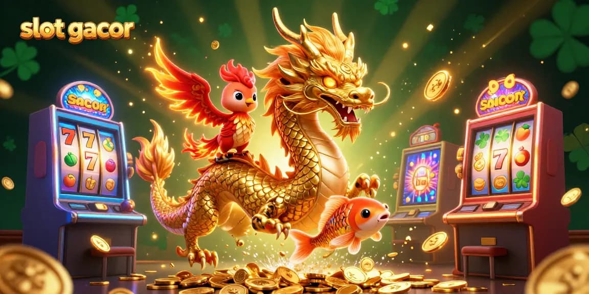Memainkan slot gacor dengan keberuntungan yang ditunjukkan oleh naga emas dan ikan koi berkilau.