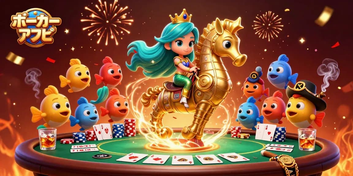 ポーカー アプリで盛り上がるシーンを描いた、3Dデジタルイラスト。