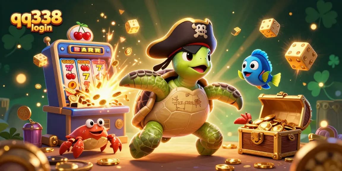 Join the excitement with qq338 login in this vibrant 3D casino scene featuring a pirate turtle and floating slot treasures.