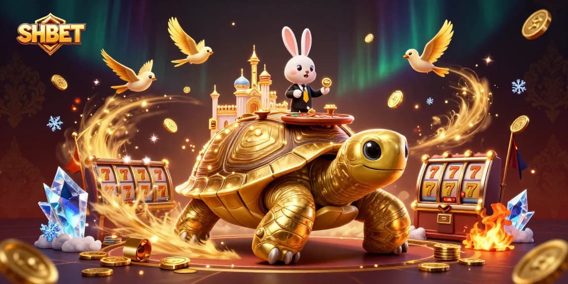 Experience the thrilling action of SH BET with vibrant slot reels and golden coins in a captivating casino scene.