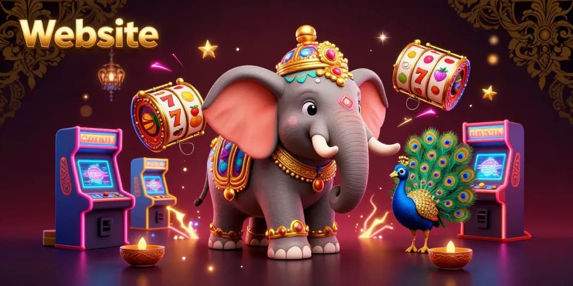 Experience thrilling wins at our Website with vibrant casino-themed illustration showcasing colorful arcade elements.