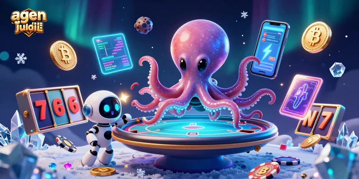 Experience thrilling gameplay at agen judi bola with a cosmic octopus and a tiny robot in a vibrant casino scene.
