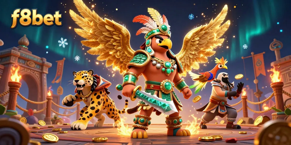 Experience the thrilling world of f8bet with Aztec warriors, golden tokens, and vibrant casino elements.