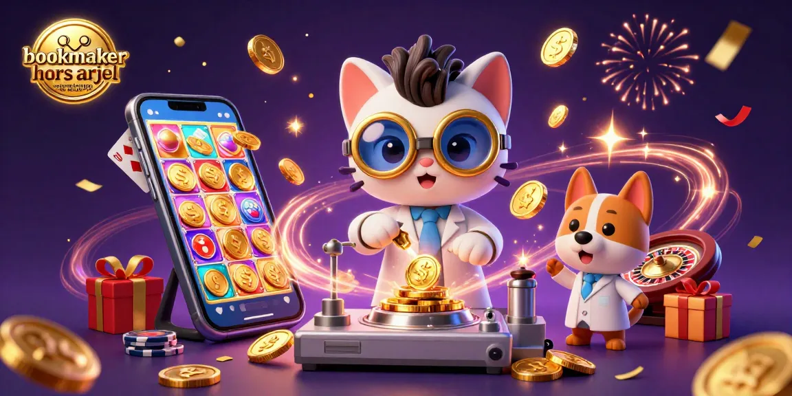 Illustration dynamique montrant un chat scientifique fou et son chien assistant, avec des jeux et des pièces d'or, pour les bookmakers hors arjel acceptant les Français.