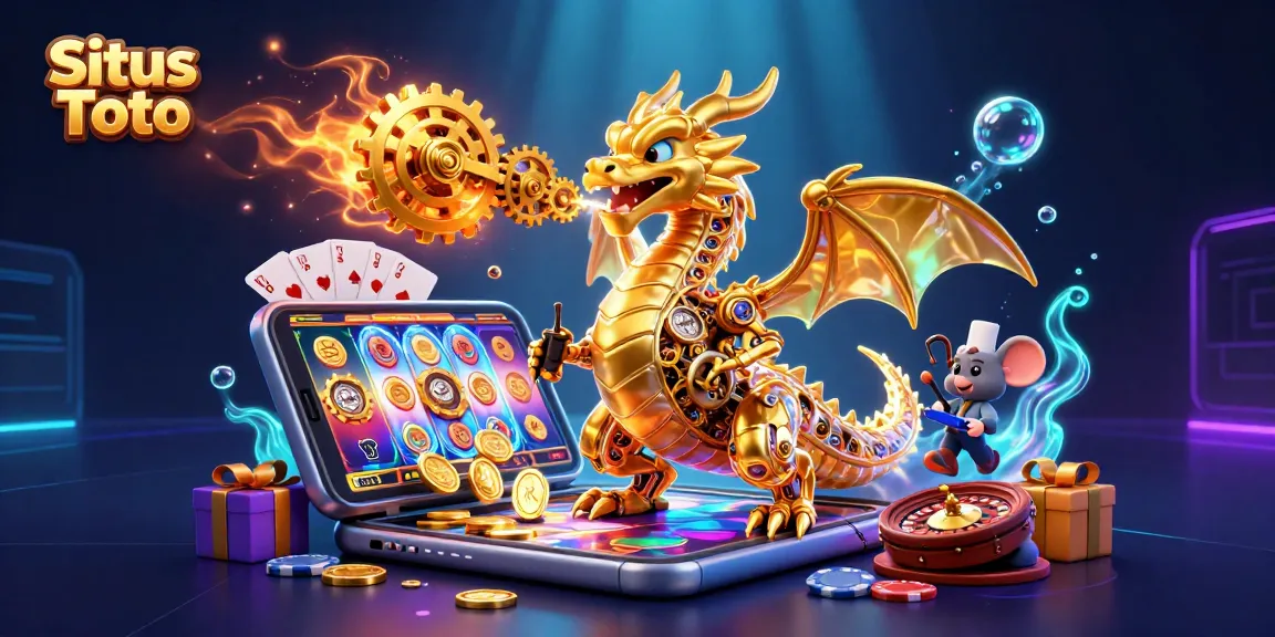 Engage with Situs Toto's vibrant 3D casino adventure featuring a golden dragon and exciting slot games.