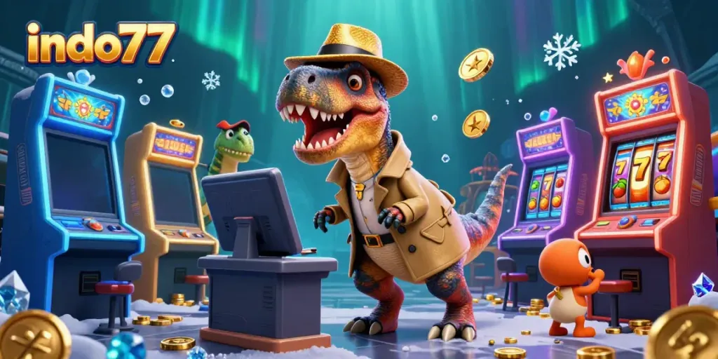 Memainkan slot di indo77 dengan karakter unik di latar belakang kasino yang menakjubkan
