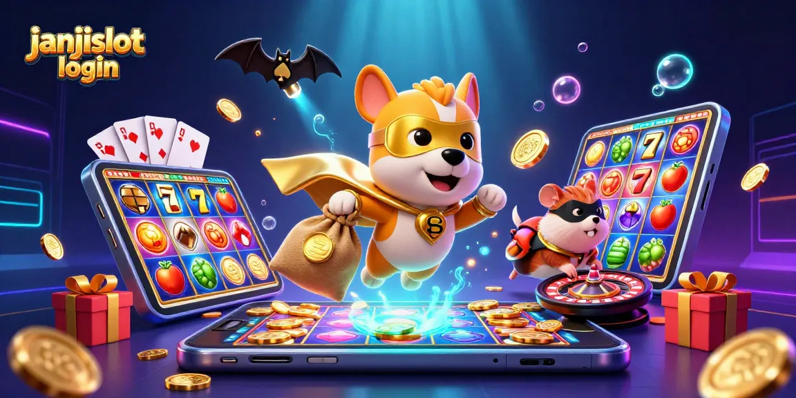 Experience the thrill of janjislot login with our vibrant 3D illustration featuring playful characters and dynamic gaming elements.