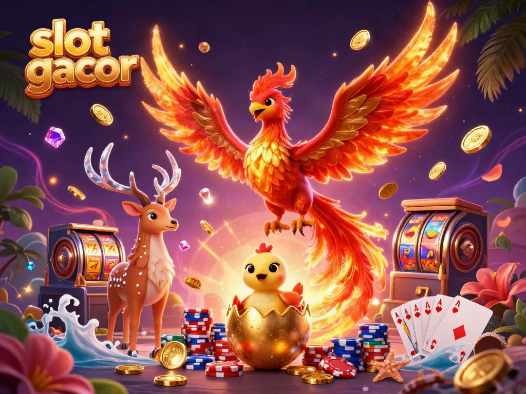 Spin the reels with slot gacor, featuring a phoenix emerging from a golden egg and lavish casino elements.