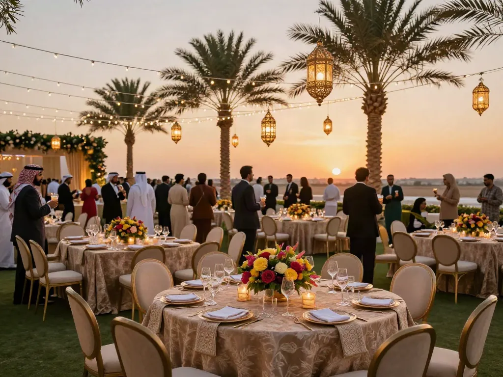 Event rental ksa: Luxurious outdoor wedding setup with elegant tables, centerpieces, and sunset backdrop.