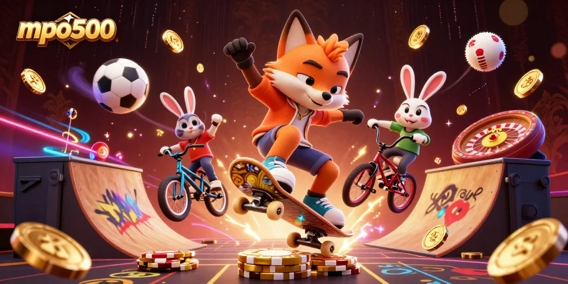 Experience thrilling action with mpo500, showcasing a skilled skateboarder and BMX tricks in a dynamic gambling scene.