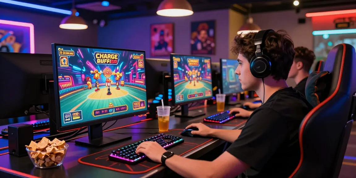 Immersive gaming experience featuring Charge Buffalo on screen and vibrant gaming setup.
