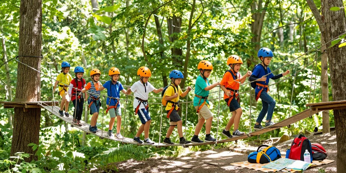 Children crossing a rope bridge in a forest while wearing safety gear, showcasing the fun of rope bridge design.