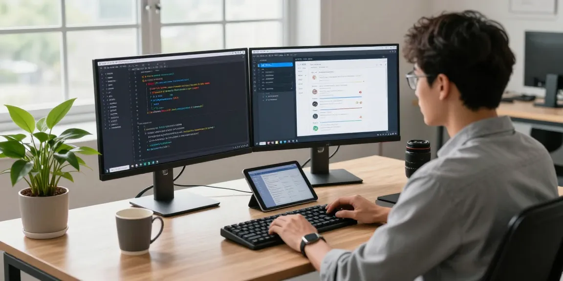 快连's innovative tech workspace with developer coding and advanced UI designs.