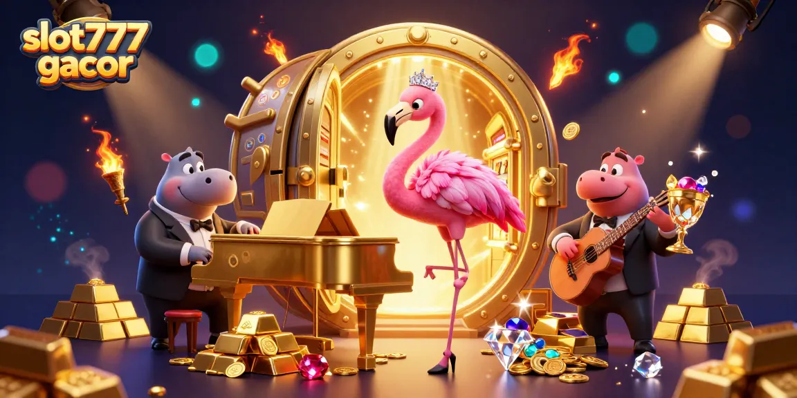 Menghadirkan pengalaman slot777 gacor yang menarik dengan sosok flamingo penyanyi dan hippo musisi, dikelilingi oleh elemen kasino yang berkilauan.