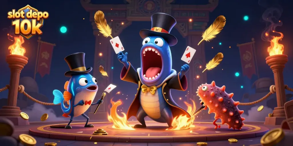 Permainan slot depo 10k dengan jackpot besar menampilkan karakter kartun 3D lumba-lumba magis.