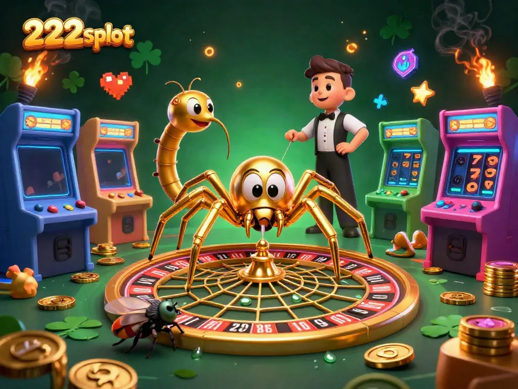 Fasilitas bermain slot imersif 222slot dengan laba-laba emas dan permainan arcade mengagumkan.