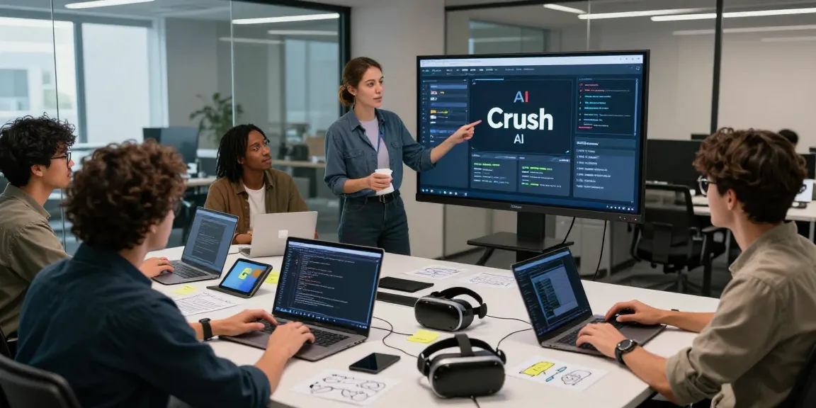 Collaborative developers exploring Crush AI in a modern office setting, showcasing teamwork and innovation.