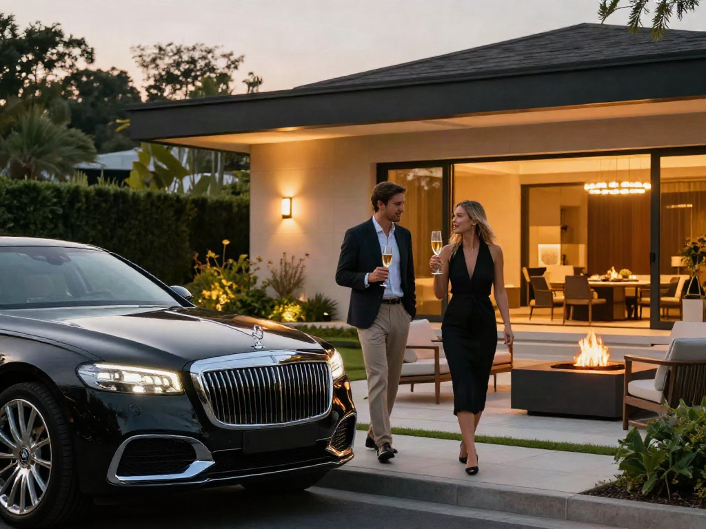 luxury111 gaya hidup mewah dengan pasangan elegan di luar rumah modern